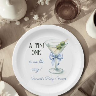 Retro A Tini One Martini Blue Bow Boy Baby Shower Paper Plate