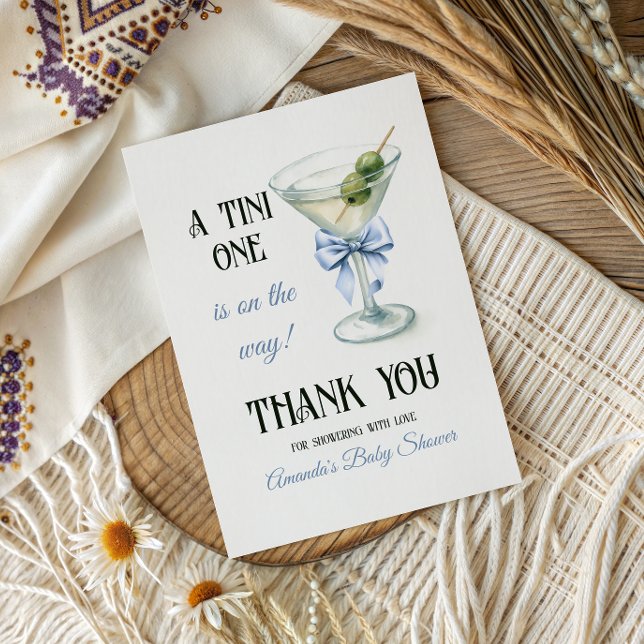 Retro A Tini One Martini Blue Bow Boy Baby Shower Thank You Card (Creator Uploaded)