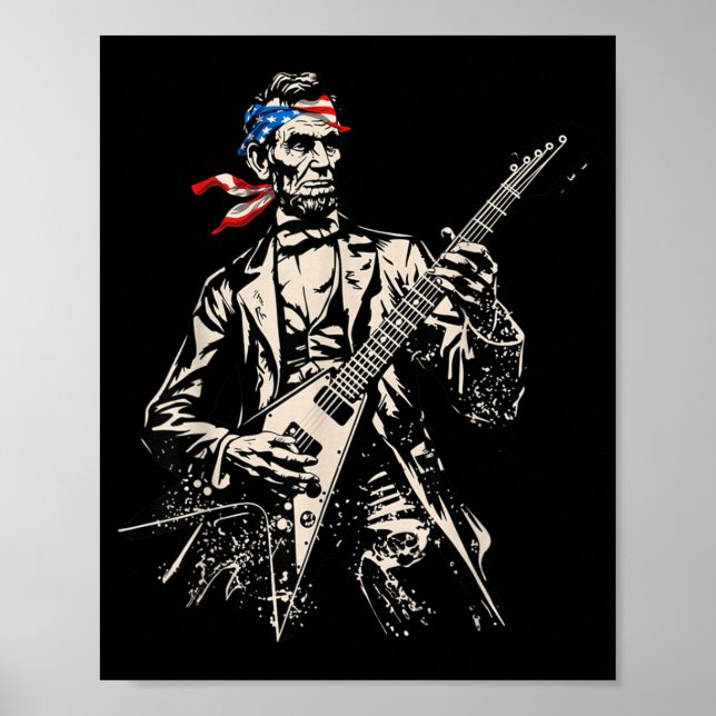 Retro Abraham Lincoln Playing Guitar Rock Roll Poster (Front)