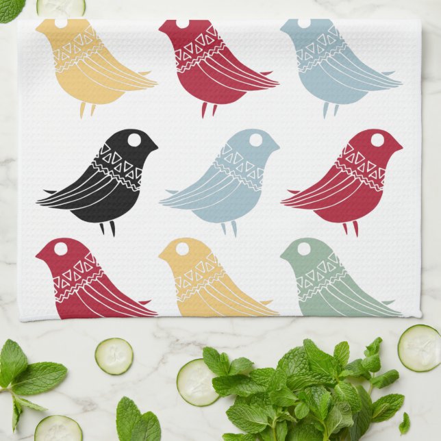 Retro Abstract Birds Mid-century Modern Kitchen Towel (Folded)