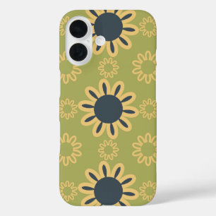 Retro Abstract Black and Yellow Flowers Pattern iPhone 16 Case