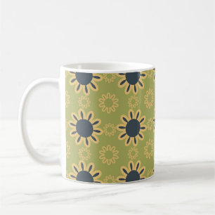 Retro Abstract Black and Yellow Flowers Pattern Coffee Mug