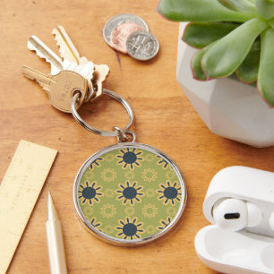 Retro Abstract Black and Yellow Flowers Pattern Keychain