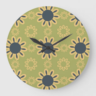 Retro Abstract Black and Yellow Flowers Pattern Large Clock
