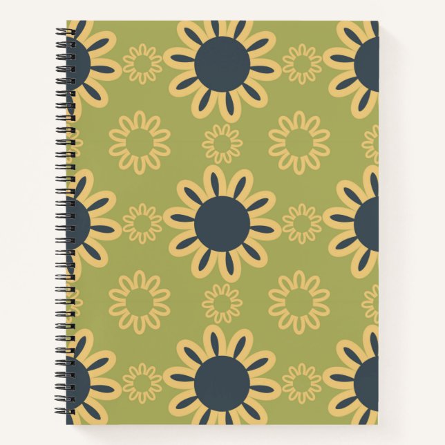 Retro Abstract Black and Yellow Flowers Pattern Notebook (Front)
