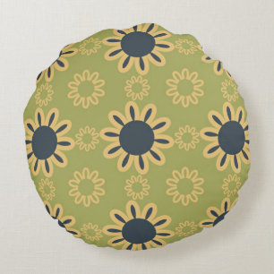 Retro Abstract Black and Yellow Flowers Pattern Round Pillow
