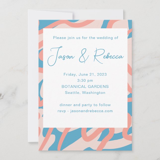 Retro Abstract Blue All In One Budget Wedding  Invitation (Front)