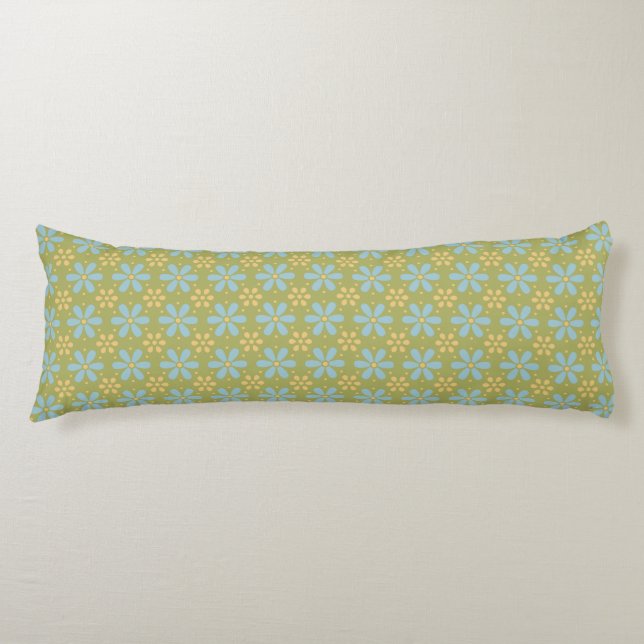 Retro Abstract Blue and Yellow Flowers on Green Body Pillow (Front)