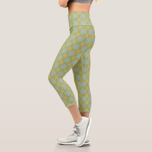 Retro Abstract Blue and Yellow Flowers on Green Capri Leggings