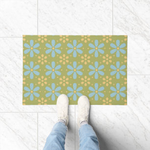 Retro Abstract Blue and Yellow Flowers on Green Doormat