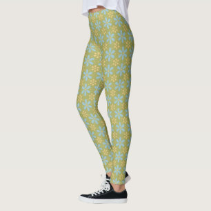 Retro Abstract Blue and Yellow Flowers on Green Leggings