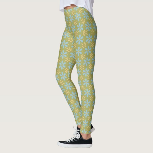 Retro Abstract Blue and Yellow Flowers on Green Leggings (Left)