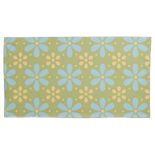 Retro Abstract Blue and Yellow Flowers on Green Pillowcase