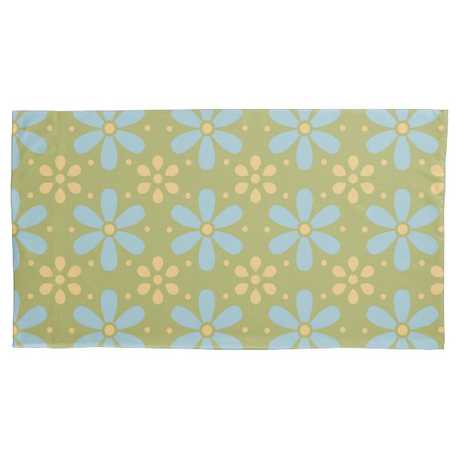 Retro Abstract Blue and Yellow Flowers on Green Pillowcase (Front-Left)