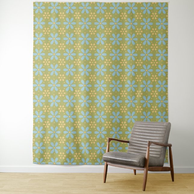 Retro Abstract Blue and Yellow Flowers on Green Tapestry (In Situ)
