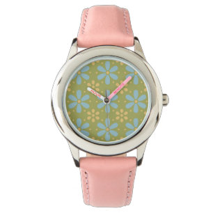Retro Abstract Blue and Yellow Flowers on Green Watch
