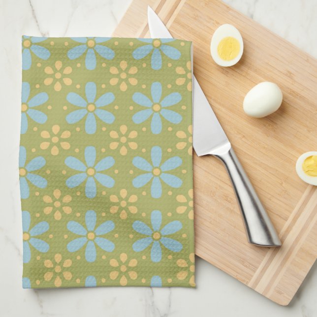 Retro Abstract Blue and Yellow Flowers Pattern Kitchen Towel (Quarter Fold)