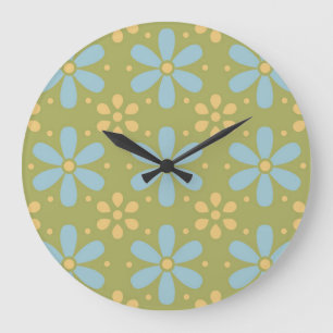 Retro Abstract Blue and Yellow Flowers Pattern Large Clock