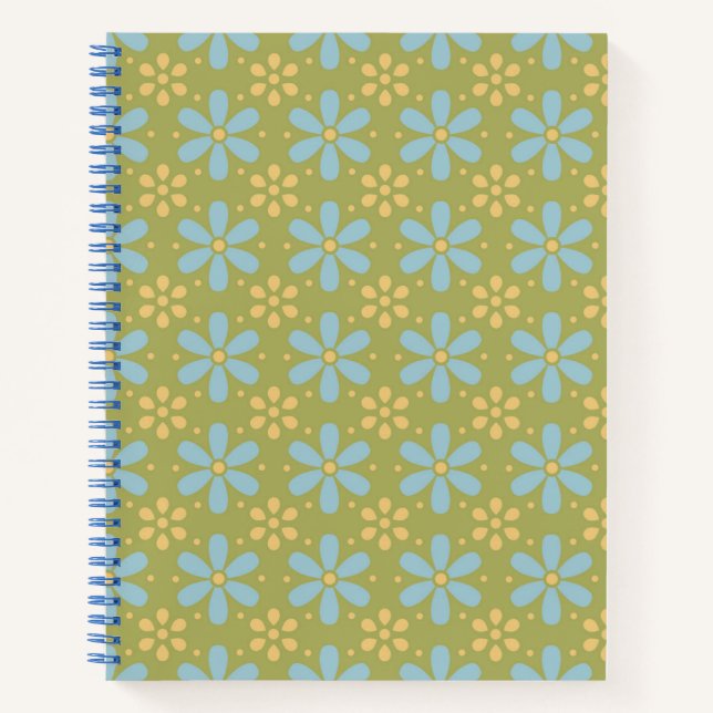 Retro Abstract Blue and Yellow Flowers Pattern Notebook (Front)