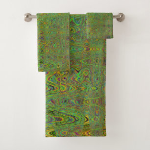 Retro Abstract Chartreuse Green Squiggly Lines Bath Towel Set