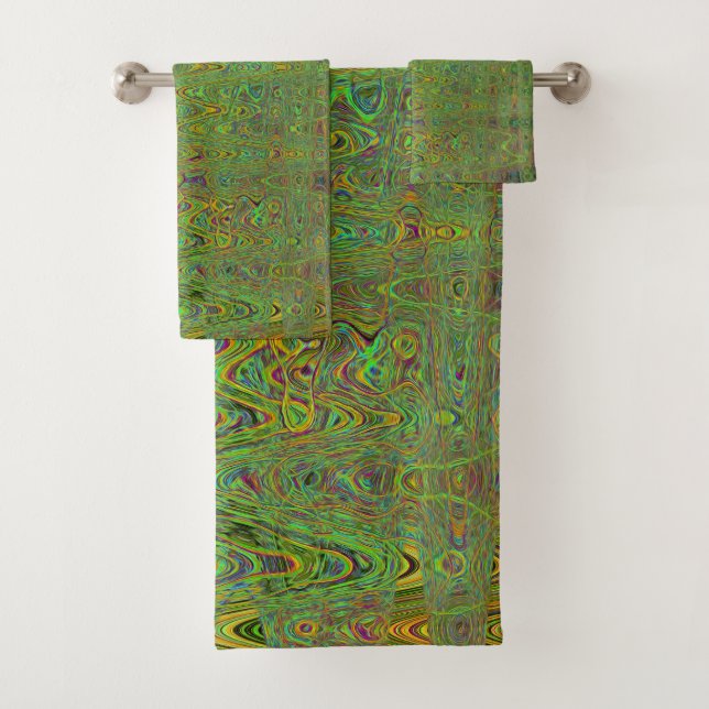 Retro Abstract Chartreuse Green Squiggly Lines Bath Towel Set (Insitu)