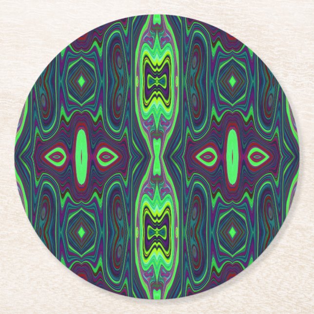 Retro Abstract Chartreuse, Red and Blue Pattern Round Paper Coaster (Front)