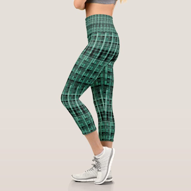 Retro abstract chequered plaid pattern green black capri leggings (Left)