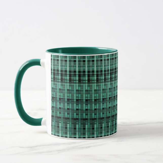 Retro abstract chequered plaid pattern green black mug (Left)