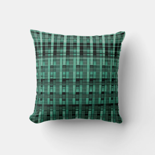 Retro abstract chequered plaid pattern green black throw pillow (Front)