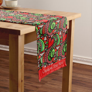 Retro Abstract Doodle Red Hearts Romantic Name Short Table Runner