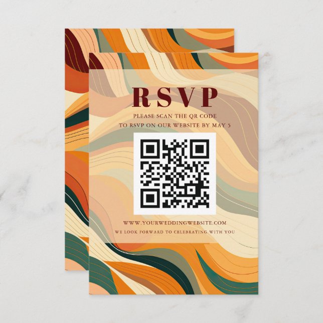 Retro Abstract Earthy Terracotta Orange QR CODE RSVP Card (Front/Back)