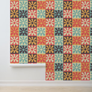 Retro Abstract Floral Check Mid Century Wallpaper