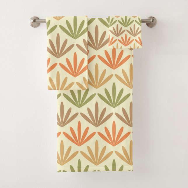 Retro Abstract Floral Pattern in Orange & Olive Bath Towel Set (Insitu)