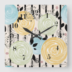 Retro, abstract flowers square wall clock