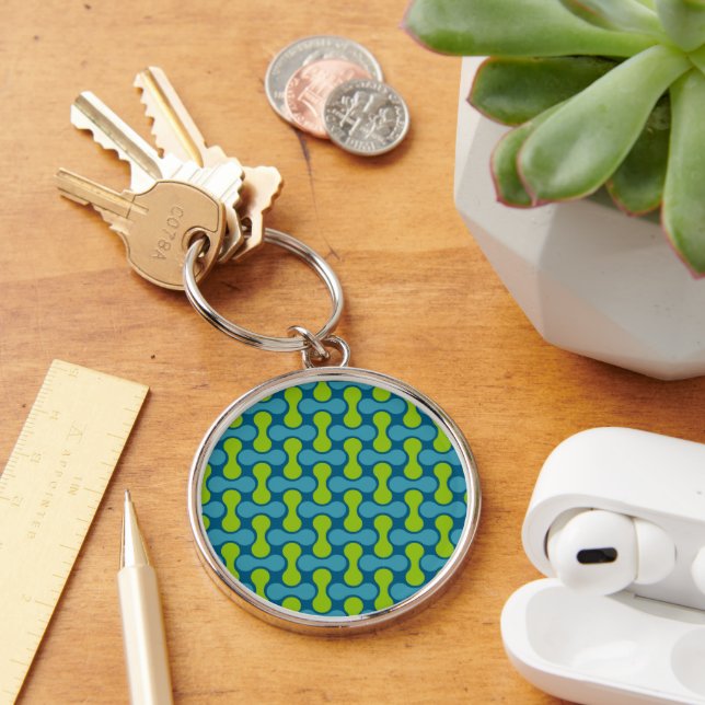 Retro Abstract Geometric Pattern in Blue and Green Keychain (Desk)