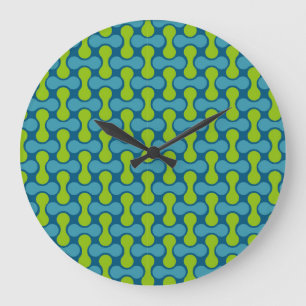 Retro Abstract Geometric Pattern in Blue and Green Large Clock