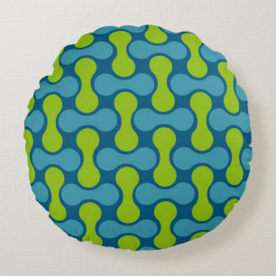 Retro Abstract Geometric Pattern in Blue and Green Round Pillow