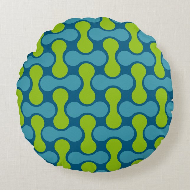 Retro Abstract Geometric Pattern in Blue and Green Round Pillow (Front)