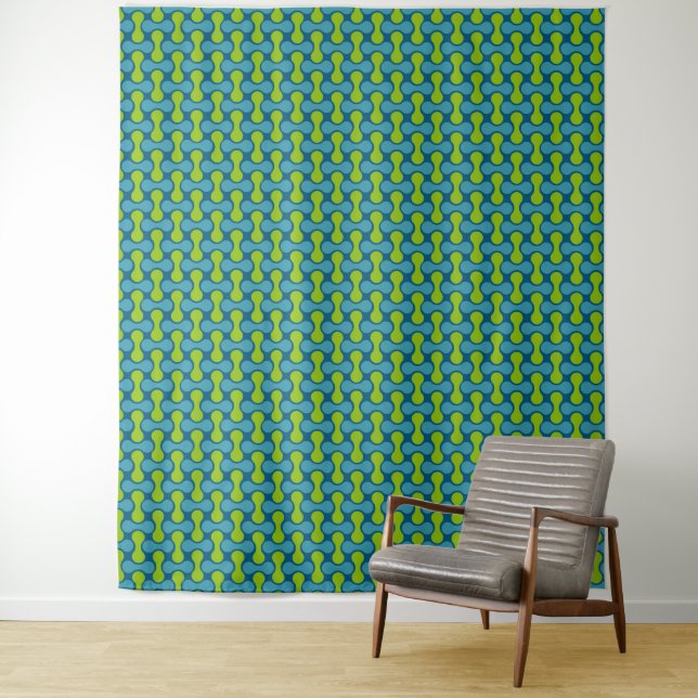Retro Abstract Geometric Pattern in Blue and Green Tapestry (In Situ)