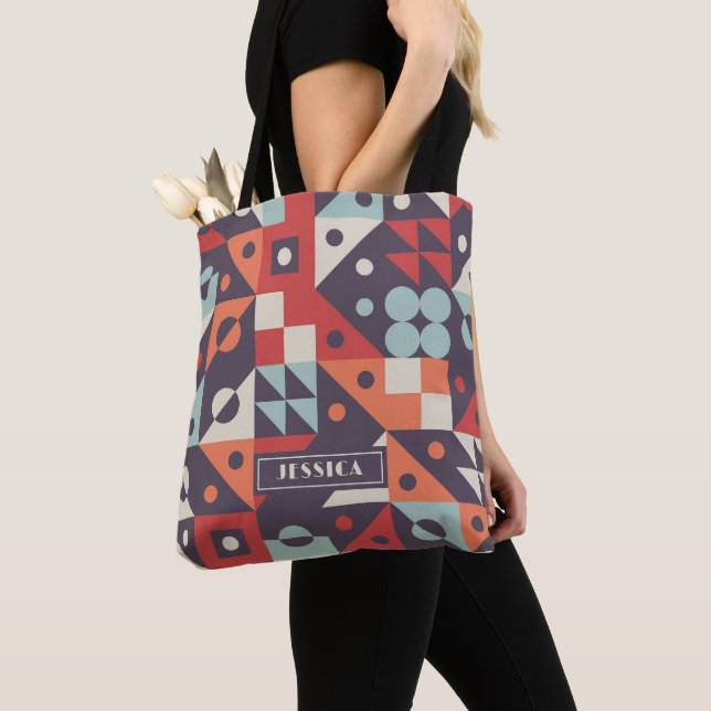 Retro Abstract Geometric Pattern Personalized Name Tote Bag (Close Up)