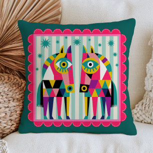 Retro Abstract Horses with Evil Eyes Maximalist Throw Pillow