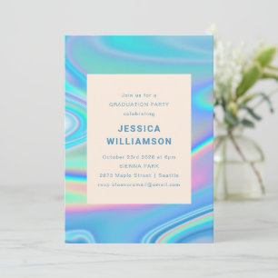 Retro Abstract Iridescent Blue Unique Graduation  Invitation
