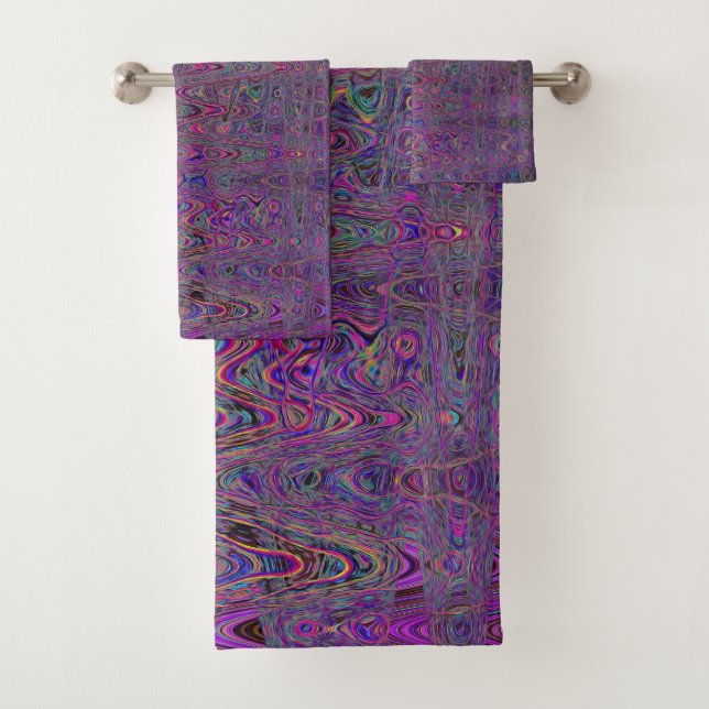 Retro Abstract Magenta and Blue Squiggly Lines Bath Towel Set (Insitu)