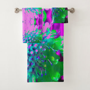 Retro Abstract Magenta and Lime Green Flower Bath Towel Set