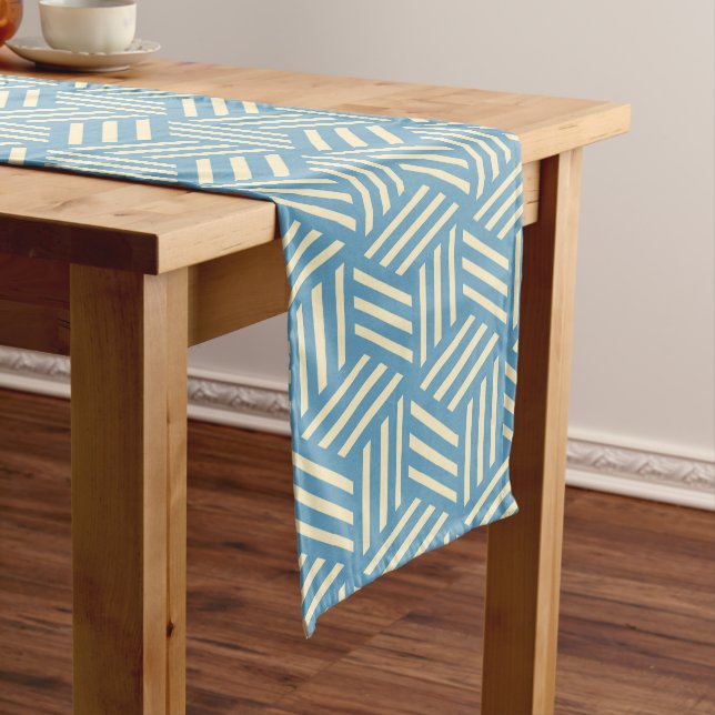 Retro Abstract Optical Illusion Cubes Pattern Blue Medium Table Runner (In Situ)