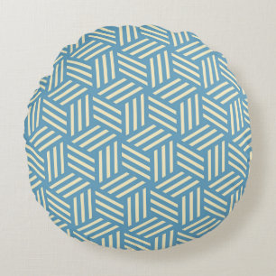 Retro Abstract Optical Illusion Cubes Pattern Blue Round Pillow