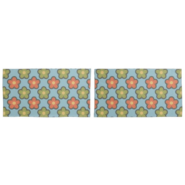 Retro Abstract Orange and Green Flowers on Blue Pillowcase (Front-Set)