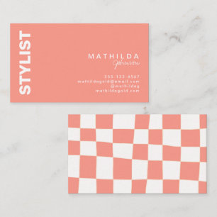 Retro Abstract Peach White Chequerboard Artsy Business Card