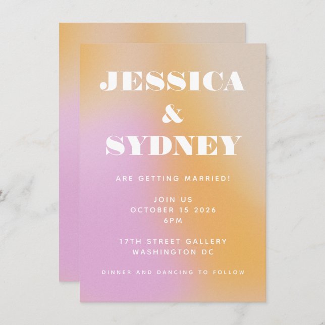 Retro Abstract Pink and Orange Gradient Wedding  Invitation (Front/Back)