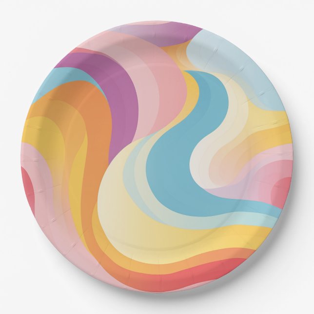 Retro Abstract Rainbow Wave Paper Plate (Front)
